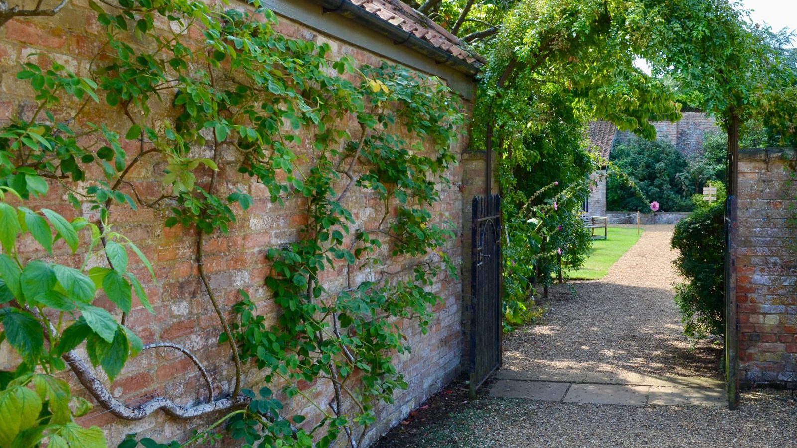 A quiet walled garden with an old brick wall, climbing greenery and a gate opening onto a green lawn.