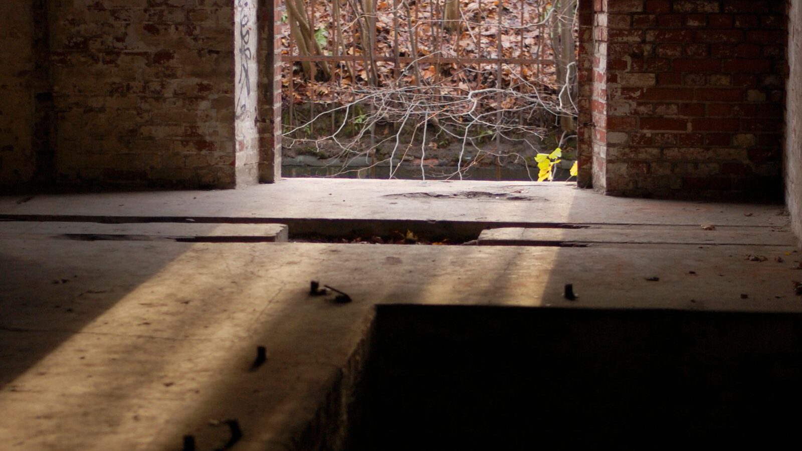 Interior of an old brick-and-concrete air-raid shelter with an arched opening leading outside, evoking Barcelona's Civil War tunnels.
