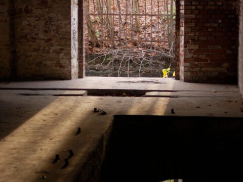 Interior of an old brick-and-concrete air-raid shelter with an arched opening leading outside, evoking Barcelona's Civil War tunnels.